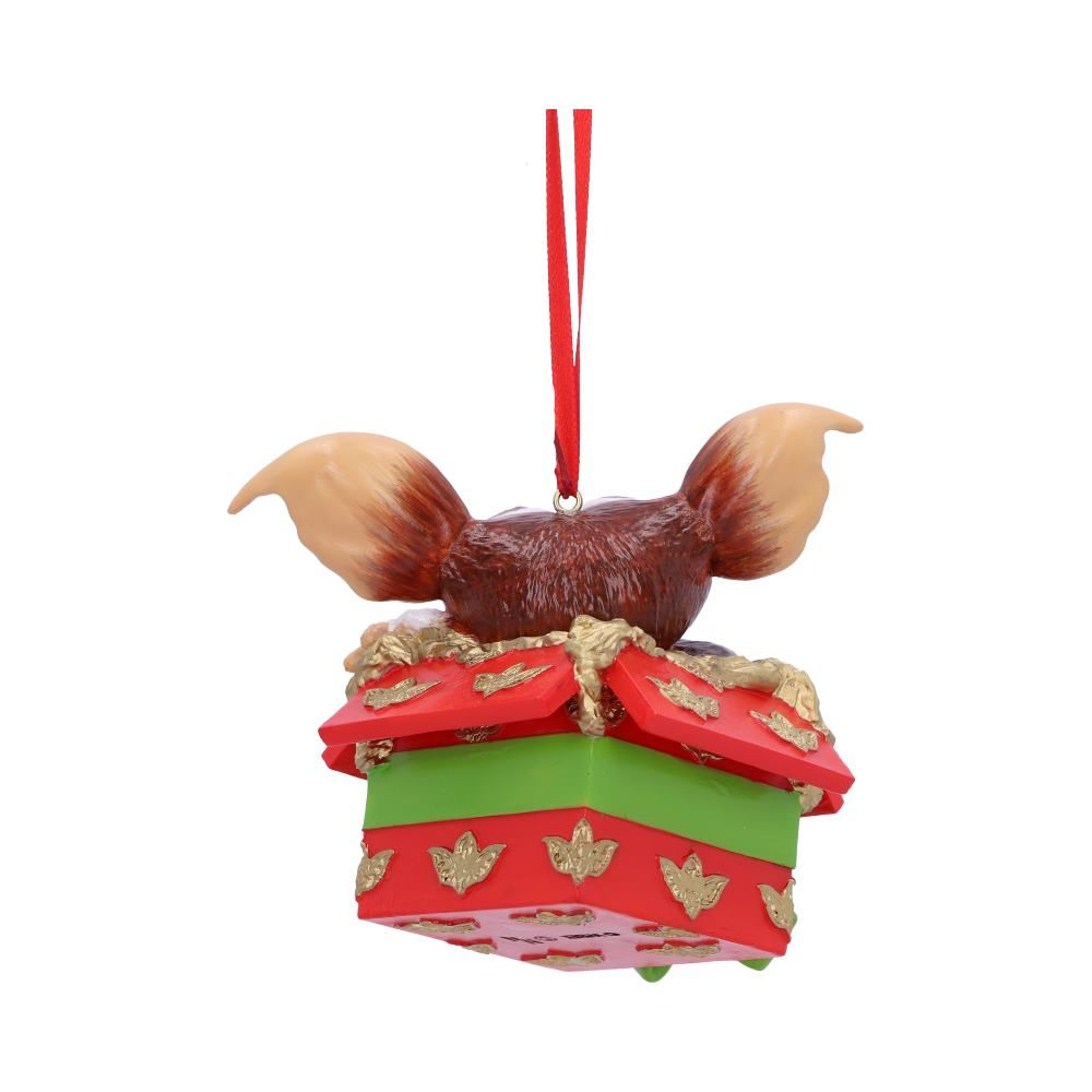 Gremlins Gizmo Gift  Hanging Ornament - Gizmo popping out of a red box with a green bow- Nemesis Now Christmas decoration 