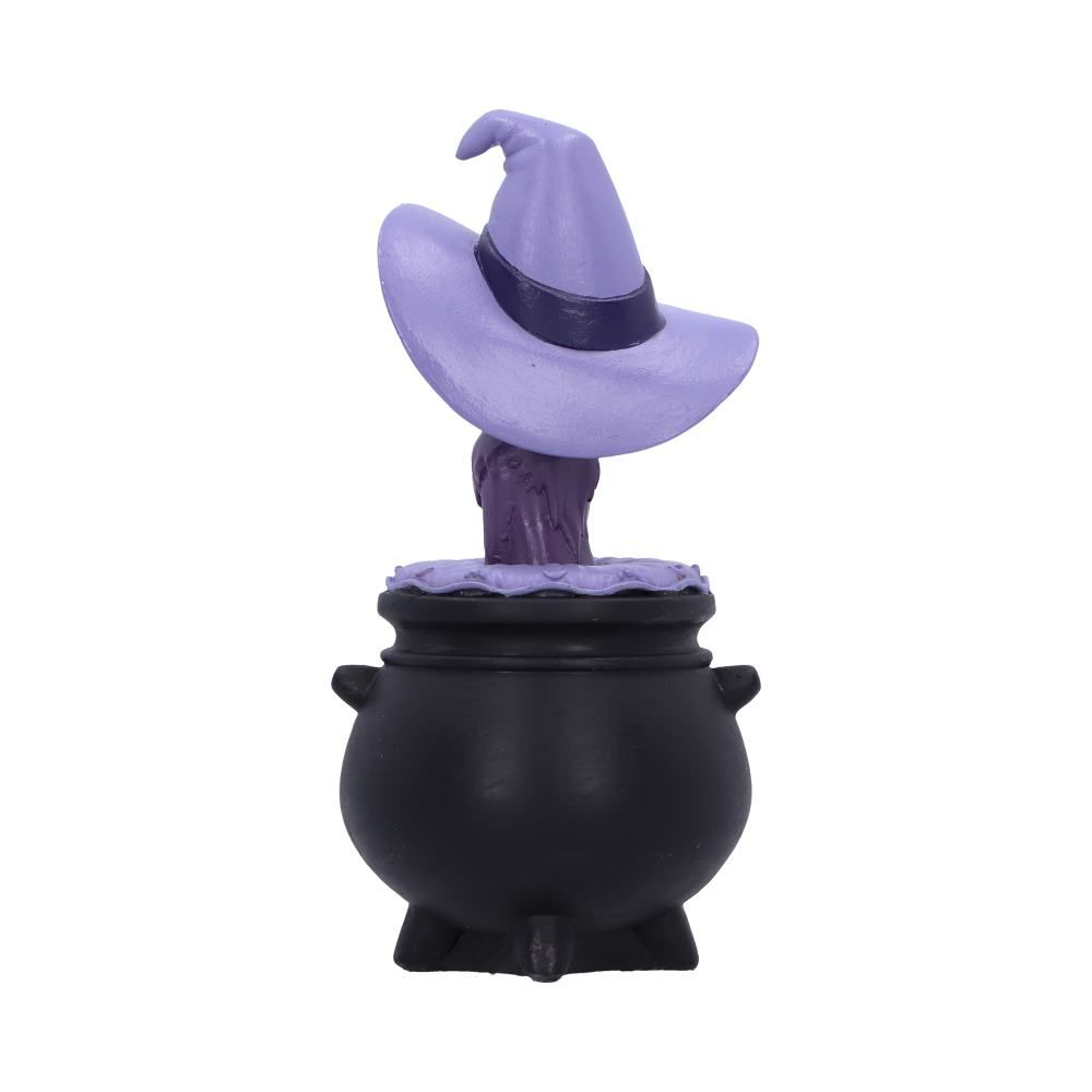 My Lil Familiar Shadow cat figurine.  An adorable ornament of a purple cat wearing an oversized witches hat sat on top of a black cauldron with the phrase My Lil' Familiar to symbolise you conjuring this cute kitty from the cauldron to be your familiar.