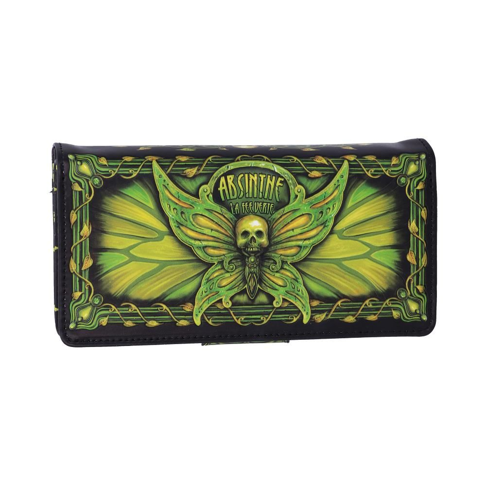 Absinthe La Fee Verte Embossed Purse from Nemesis Now. The elegant embossed green fairy design features a Deaths Head Moth and the practical purse features multiple slots for cards and coins.