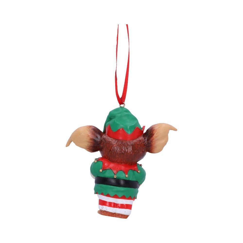 Gremlins Gizmo Elf Hanging Ornament - Nemesis Now Gremlins Christmas ornament. Gizmo dressed as an elf in a green hat and top with red and white stripe legs. 