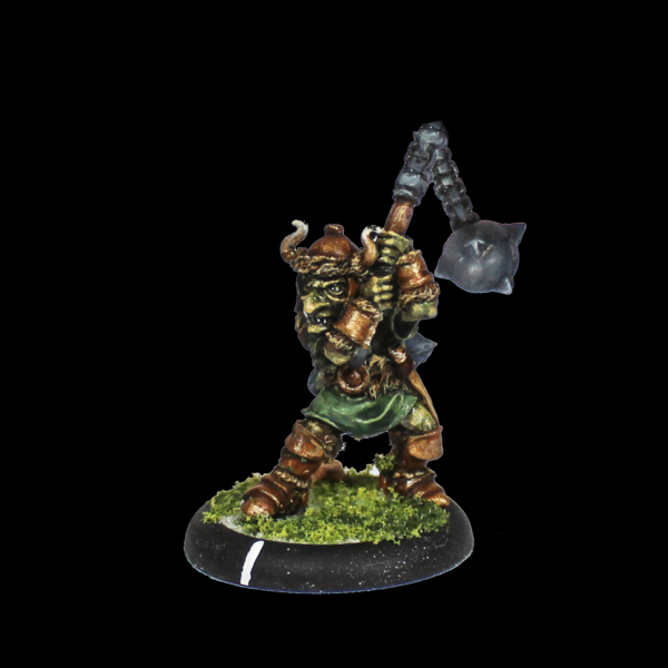 Bogle Bludgeoner by Oakbound Studio. A lead pewter miniature of goblin wearing a helmet and wielding a large mace like weapon