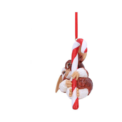 Nemesis Now Gremlins festive hanging ornament featuring Gizmo holding onto a red and white stripe candy cane. Christmas ornament 