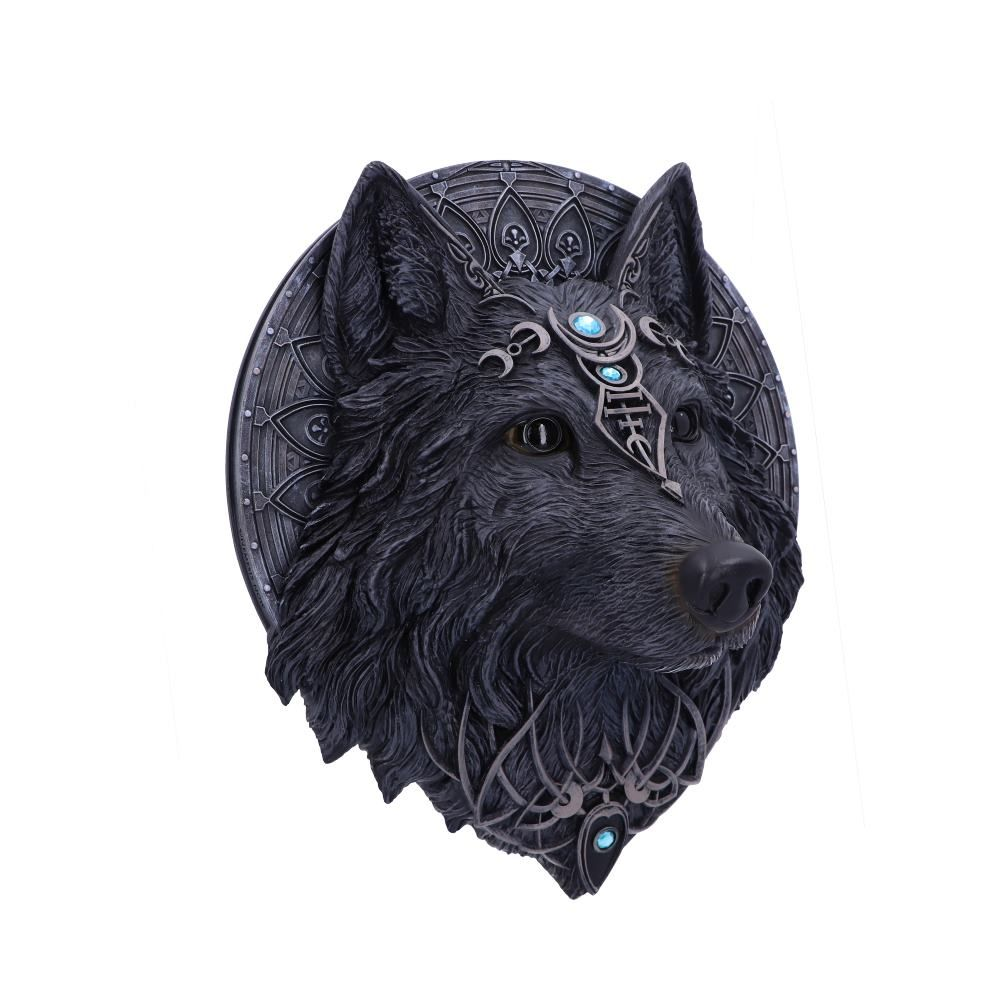 Nemesis Now Wolf Moon Wall Plaque. A hand painted black wolf with forehead jewels and silver detailing