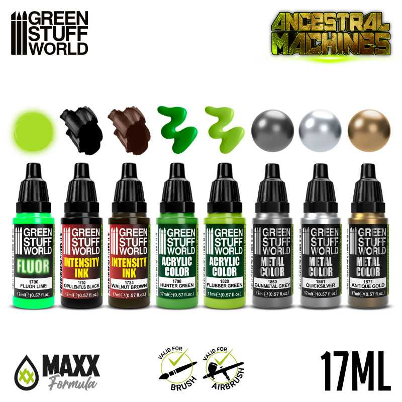 Ancestral Machines Paint Set by Green Stuff World. A set of 8 acrylic paints with an opaque and smooth matt finish. Made using the new Green Stuff World Maxx Formula and are provided in dropper bottles for easier flow control. 