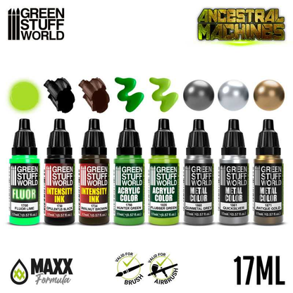 Ancestral Machines Paint Set by Green Stuff World. A set of 8 acrylic paints with an opaque and smooth matt finish. Made using the new Green Stuff World Maxx Formula and are provided in dropper bottles for easier flow control. 