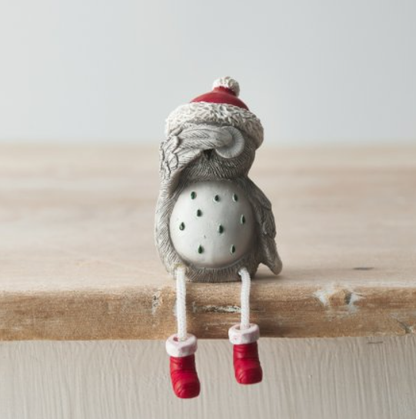 Grey Nordic Hear No Evil, See No Evil, Speak No Evil Sitting Christmas Owls With Dangling Legs. An adorable set of three sitting owls wearing festive hats