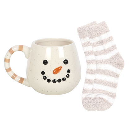 Snowman Mug and Sock Set. A cute and charming snowman shaped round mug with a pair of fluffy striped socks