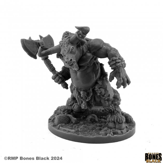 Reaper Miniatures Minotaur sculpted by Jason Wiebe from the Bones Black range. A beast miniatures holding an axe in one hand with a decorative base and snarling face, a great monster to add to your Dungeons and Dragons table