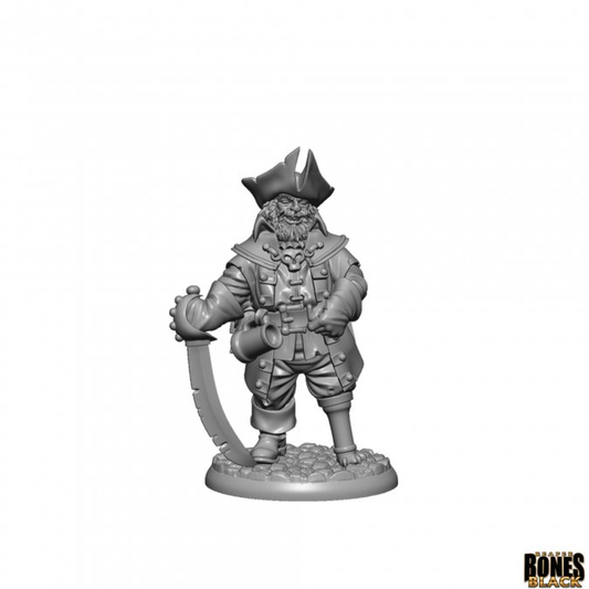 Reaper Miniatures Stane Blackbrig Ghost Pirate sculpted by Bobby Jackson from the Bones Black range. A clear plastic pirate captain miniature, holding his sword down, wearing a hat, having a mug hanging from his belt with his thumb hooked on his belt in a casual pose and sporting a wooden leg making a great NPC for your RPG games and more