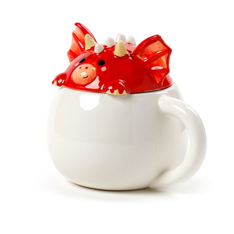 Red Dragon Peeping Lidded Mug, a super cute little red dragon face makes the lid for this round white mug