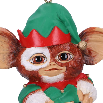 Gremlins Gizmo Elf Hanging Ornament - Nemesis Now Gremlins Christmas ornament. Gizmo dressed as an elf in a green hat and top with red and white stripe legs. 