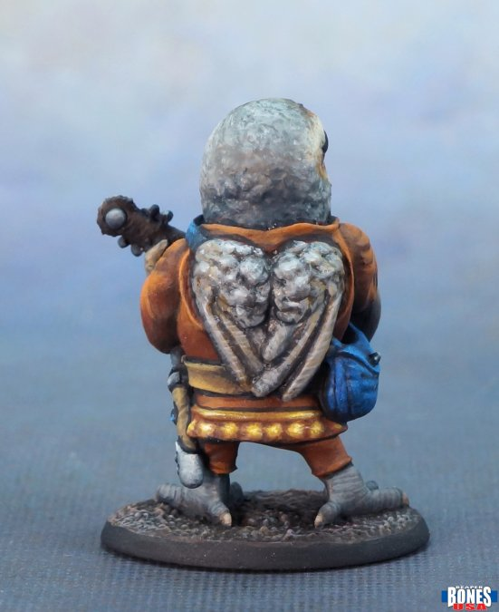 30167 Nightingale Bard from the Reaper bones USA legends range. A wonderful nightingale bird bard holding am instrument decorated with floral design wearing clothes and having its mouth open as if singing making a great NPC for your tabletop games and more. 