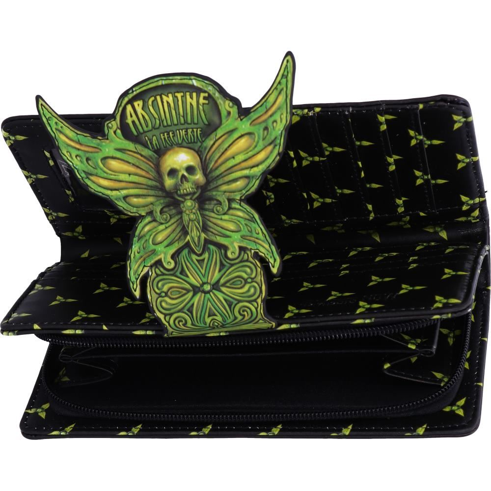 Absinthe La Fee Verte Embossed Purse from Nemesis Now. The elegant embossed green fairy design features a Deaths Head Moth and the practical purse features multiple slots for cards and coins.