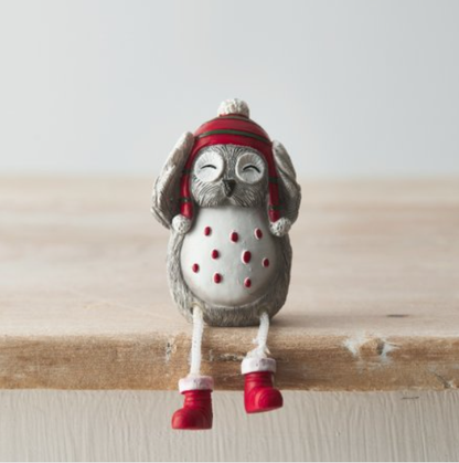 Grey Nordic Hear No Evil, See No Evil, Speak No Evil Sitting Christmas Owls With Dangling Legs. An adorable set of three sitting owls wearing festive hats