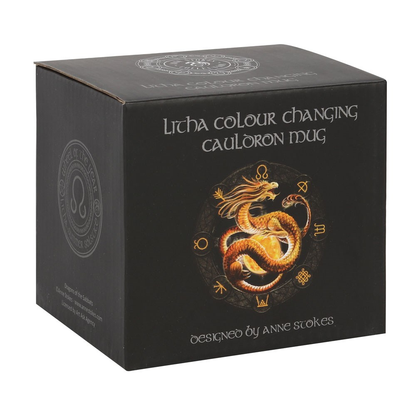 Litha Colour Changing Cauldron Mug By Anne Stokes. This black cauldron mug features Litha the symbol of the Summer Solstice 