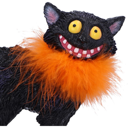 Furdinand a Black Cat With Orange Feather Boa by Nemesis Now. A cheeky black cat ornament with a wicked smile and awesome fashion sense. Bring a sense of joy and whimsy to your home decoration with this wonderful figurine of a black cat with its tail in the air, flecks of blue and purple in its fur and large yellow eyes.