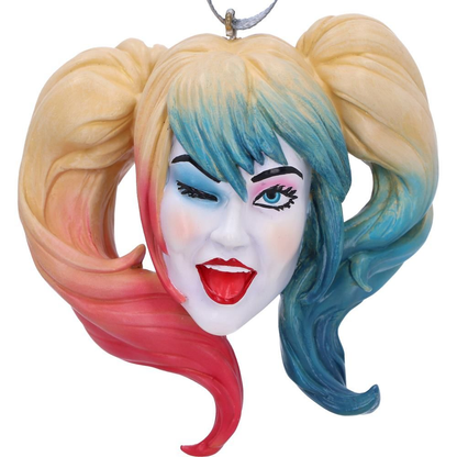 Harley Quinn Hanging Ornament from Nemesis Now. Harley Quinns face with classic blonde hair with red and blue bottom dip 