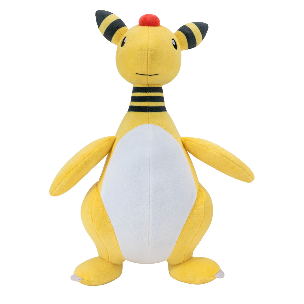 A 12" Ampharos Pokémon plush making a great gift for a fan of the electric, light Pokémon. A yellow Pokémon with black banding and red head and tail detail.