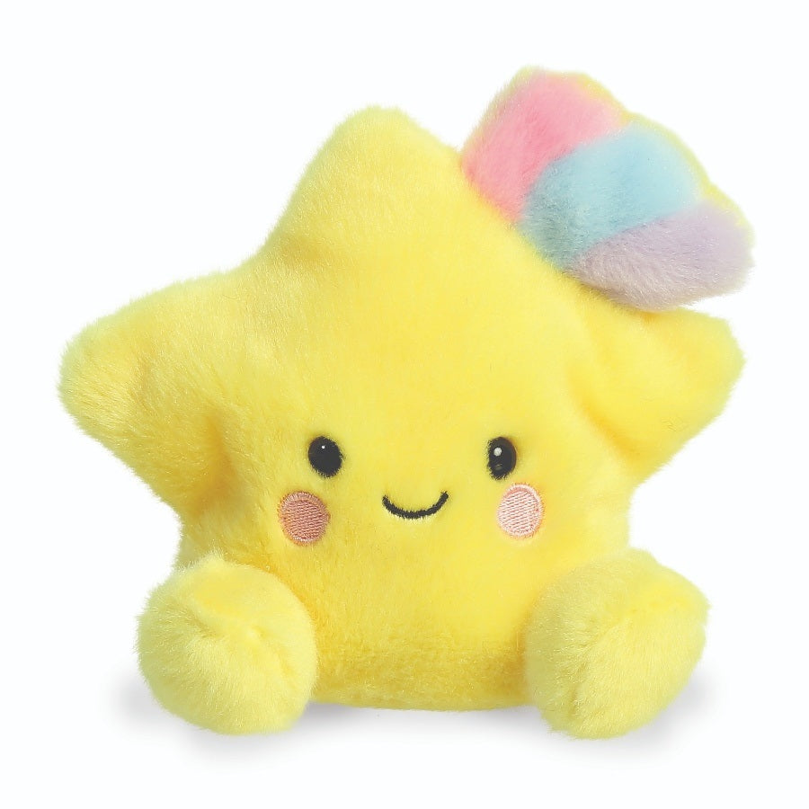 Pisces Shooting Star Palm Pal an adorable Palm Pals plushie looking for a new friend to snuggle in a lovely yellow colour with pink cheeks and a little pastel rainbow on top. Perfect for fitting into the palm of your hand, measuring approximately 13cm