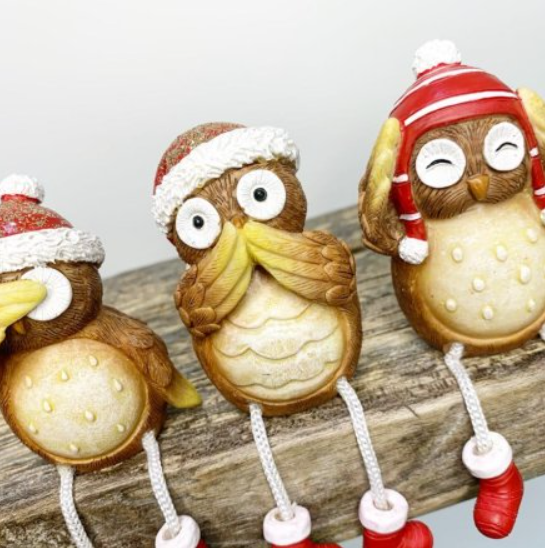 Natural Nordic Hear No Evil, See No Evil, Speak No Evil Sitting Christmas Owls With Dangling Legs. An adorable set of three sitting owls wearing festive hats