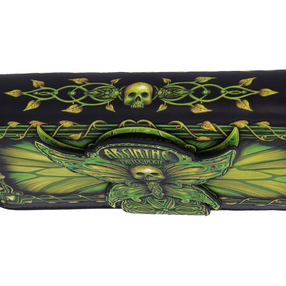 Absinthe La Fee Verte Embossed Purse from Nemesis Now. The elegant embossed green fairy design features a Deaths Head Moth and the practical purse features multiple slots for cards and coins.