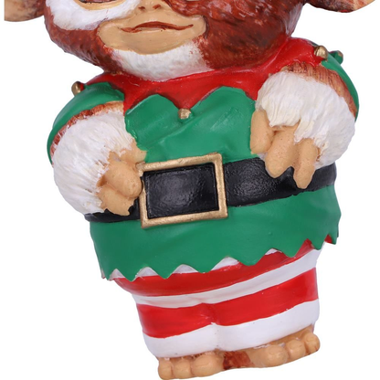 Gremlins Gizmo Elf Hanging Ornament - Nemesis Now Gremlins Christmas ornament. Gizmo dressed as an elf in a green hat and top with red and white stripe legs. 