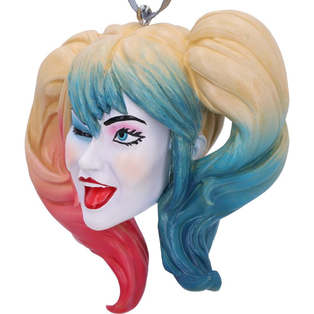 Harley Quinn Hanging Ornament from Nemesis Now. Harley Quinns face with classic blonde hair with red and blue bottom dip 