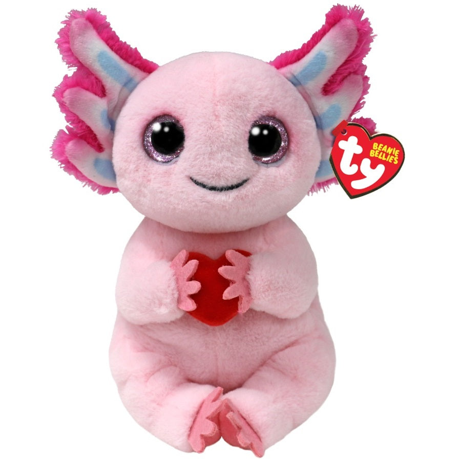 Locky Axolotyl Beanie Bellie plushie made with super soft VelveTY fabric this adorable Axolotyl has large sparkly eyes and is holding a red heart