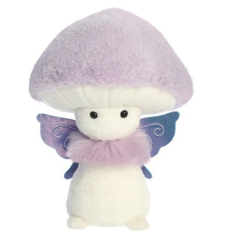 Fairy Fungi Friend plushie from the Sparkle Tales collection, an adorably cute purple mushroom creature with iridescent purple wings. A wonderful gift for a friend or a fantastic edition to your own plushie collection.