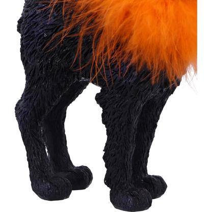 Furdinand a Black Cat With Orange Feather Boa by Nemesis Now. A cheeky black cat ornament with a wicked smile and awesome fashion sense. Bring a sense of joy and whimsy to your home decoration with this wonderful figurine of a black cat with its tail in the air, flecks of blue and purple in its fur and large yellow eyes.