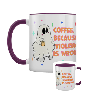 Because Violence Is Wrong Galaxy Ghouls Mug. A white mug with a purple handle and inner featuring an image of a cute ghost holding a coffee mug with the steam making a heart shape and the words 'Coffee, Because Violence Is Wrong'.