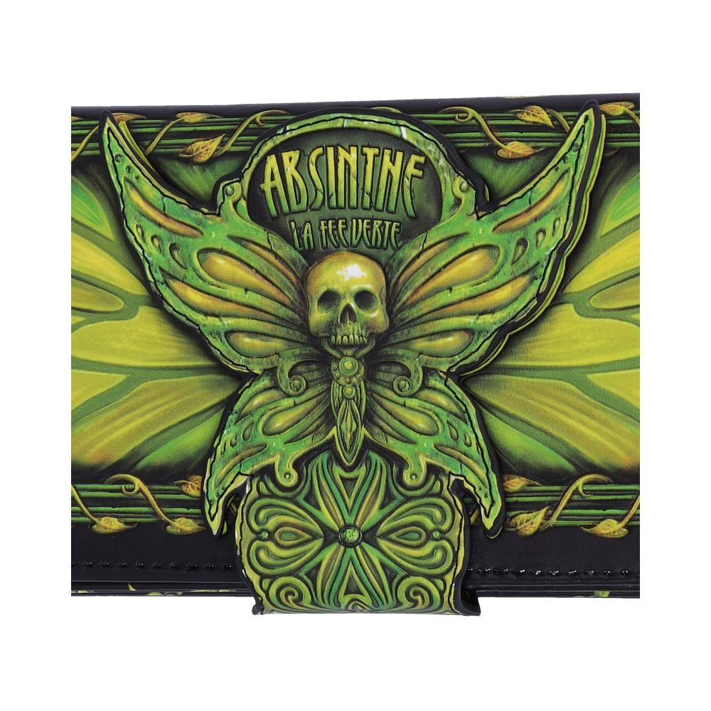 Absinthe La Fee Verte Embossed Purse from Nemesis Now. The elegant embossed green fairy design features a Deaths Head Moth and the practical purse features multiple slots for cards and coins.