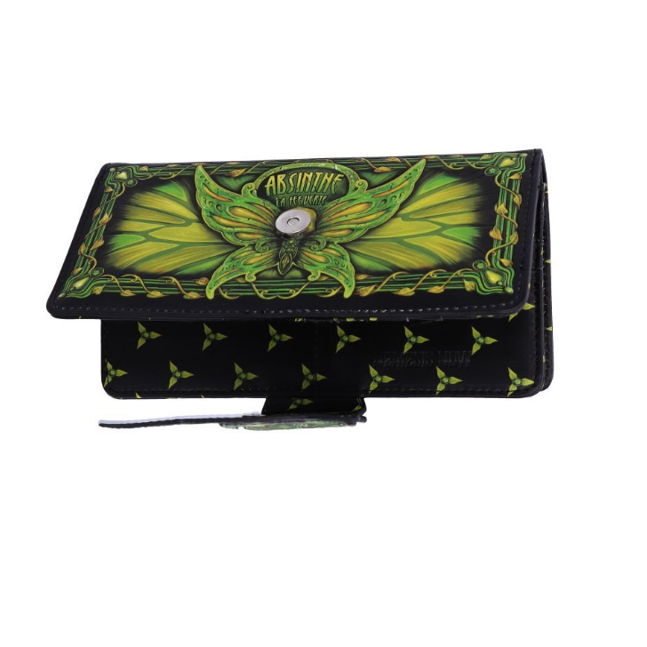 Absinthe La Fee Verte Embossed Purse from Nemesis Now. The elegant embossed green fairy design features a Deaths Head Moth and the practical purse features multiple slots for cards and coins.