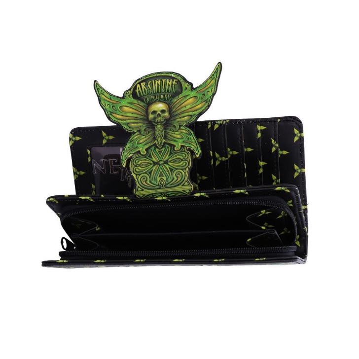 Absinthe La Fee Verte Embossed Purse from Nemesis Now. The elegant embossed green fairy design features a Deaths Head Moth and the practical purse features multiple slots for cards and coins.