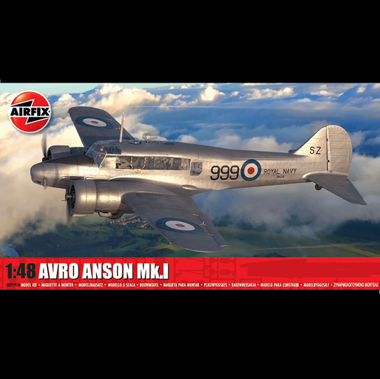 Avro Anson Mk.I scale model kit by Airfix. This kit is in a 1:48 scale helping you to build a Avro Anson Mk.1 which entered service with No.48 squadron at RAF Manston in March 1936. This kit includes instruction sheet, decals and plastic model kit and has a skill level of 3 out of 4.