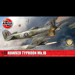 Hawker Typhoon Mk.IB scale model kit by Airfix. This kit is in a 1:72 scale helping you to build a Hawker Typhoon Mk.IB which powerful engines allowed the aircraft to carry a load of up to two 1,000ib bombs in 1943 and also be armed with four 12 "60lb" RP-3 rockets. This kit includes instruction sheet, decals and plastic model kit and has a skill level of 1 out of 4