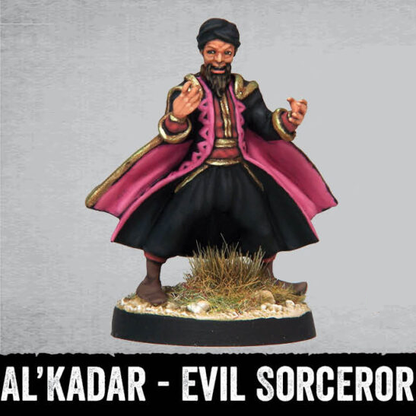 Al’Kadar the Evil Sorceror, a 28mm scale metal miniatures depicting a male magician in a dynamic pose with his hands up wearing a cloak in a Sinbad style