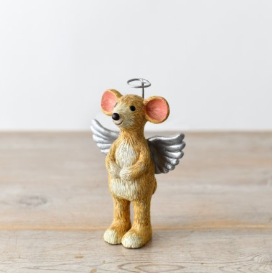 Angel Mouse. A wonderfully cute mouse ornament with silver angel wings and halo stood up straight with its hands in front and an adorable smile