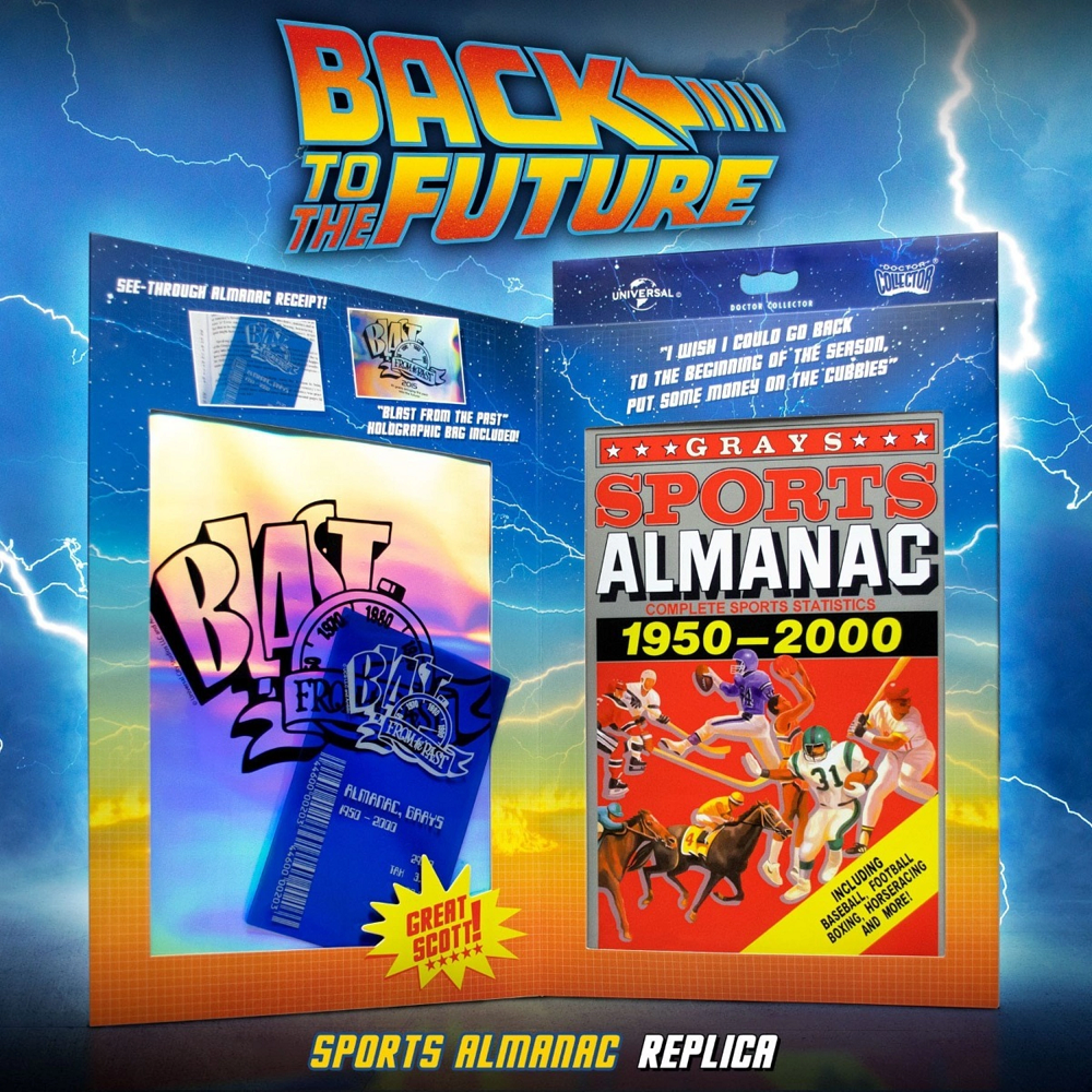 Back To The Future Sports Almanac. Back to the future logo with a blue background and white lightning. The book has white and red writing 