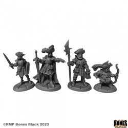 Reaper Miniatures Barrowgate Town Watch sculpted by Bobby Jackson from the Bones Black range. A set of four wonderfully characterful gaming miniatures, dressed in finery and holding various weapons with two male humans, one female human and a halfling male all wearing hats and holding various weapons for your Dungeons and Dragons, tabletop games and other RPGs