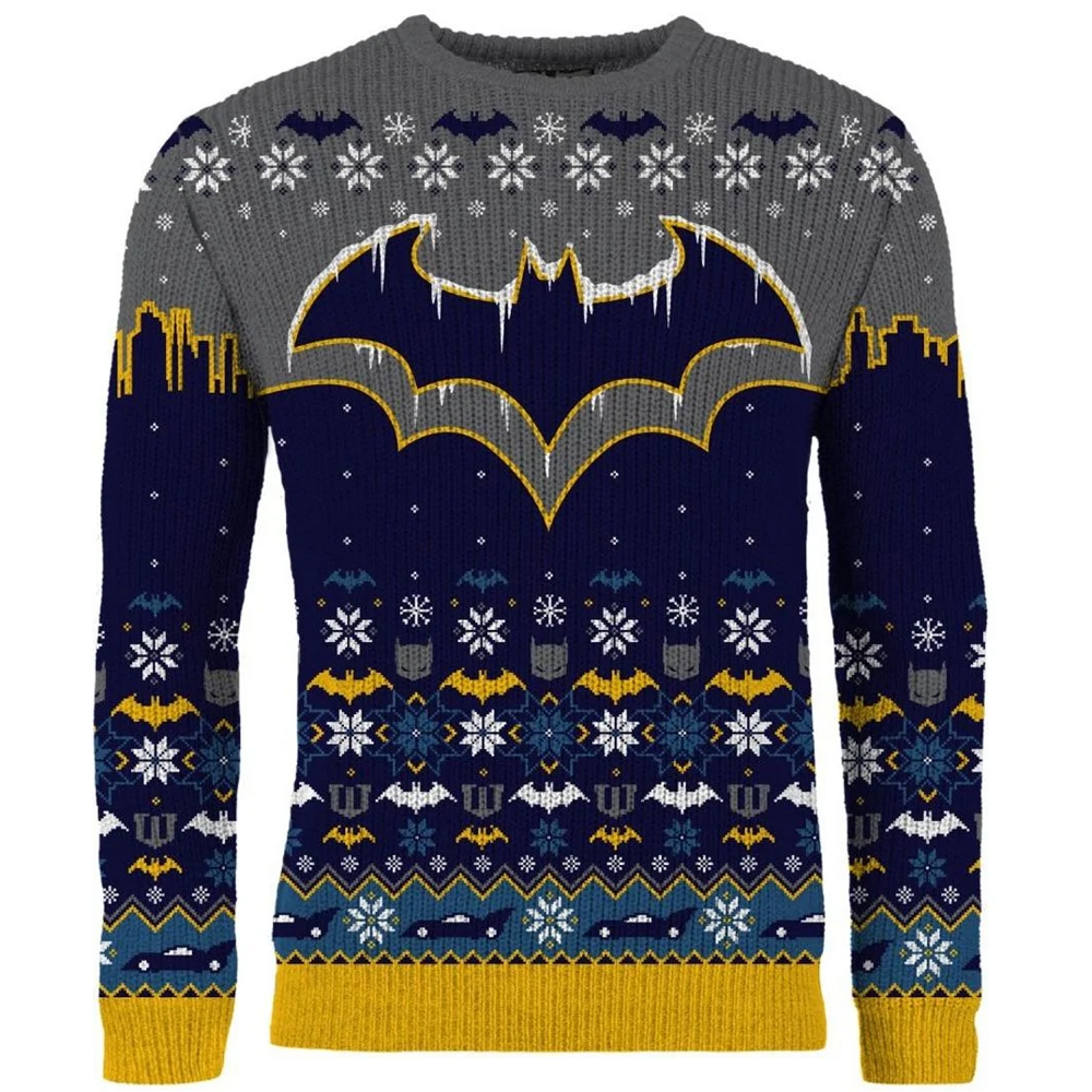 Batman Frosty Christmas jumper in size XXL, knitted jumper  featuring a frosty Batman logo, snowflakes and boatmobiles.