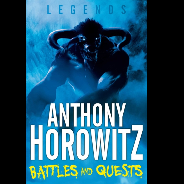 Battles and Quests a 144 page paperback by Anthony Horowitz. a blue background with a blue and black minotaur with bright eyes