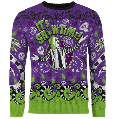 Beetlejuice Christmas jumper in size XL. Featuring Beetlejuice with "It's Snowtime" above him and the iconic Sandworms on the back and on the sleeves