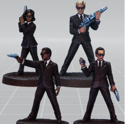 Blacklight Agents by Crooked Dice. A pack of four miniatures representing human agents, three male and one female, three with various styles of alien guns and all wearing sunglasses/ shades making a great edition to your RPGs, tabletop gaming or a gift for a fan of men in black