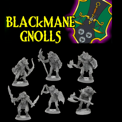 Blackmane Gnolls box set from Reaper Miniatures sculpted by Julie Guthrie which includes 6 highly detailed plastic miniatures of gnolls, humanoid hyena style creatures, with various weapons and characterful faces for your roleplaying games (RPG), painting, collecting and gaming needs