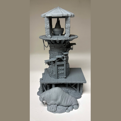 Blacktallow Lighthouse miniature from Reaper Miniatures. This is an unboxed, not in retail packaging miniature representing a ramshackle lighthouse together with undead lighthouse keeper and walrus making a great edition to your tabletop games, RPGs, collection or painting projects