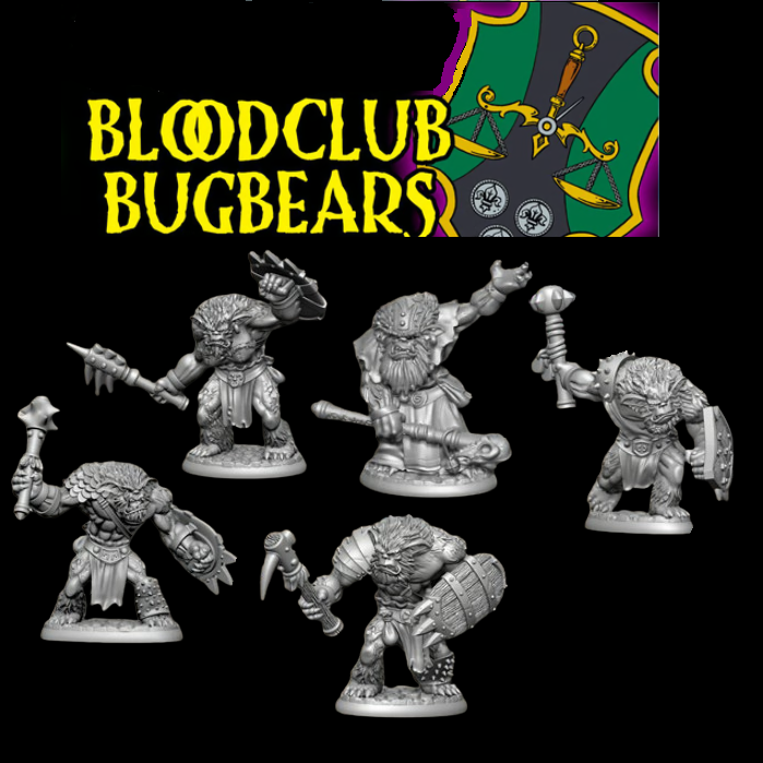 Bloodclub Bugbears box set from Reaper Miniatures sculpted by Bobby Jackson which includes 5 highly detailed 3d printed miniatures of humanoid style creatures (bugbears which are large, hairy, long eared cousins of goblins), with various weapons and characterful faces for your roleplaying games (RPG), painting, collecting and gaming needs