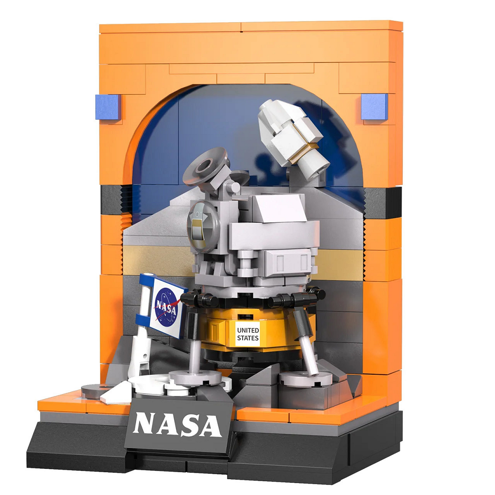 lego style display with background. This Cada bricks Apollo 11 Lunar Module Lego compatible building bricks kit enables you to build your own NASA licensed display capturing the essence of the iconic lunar lander which can be detached and used for play