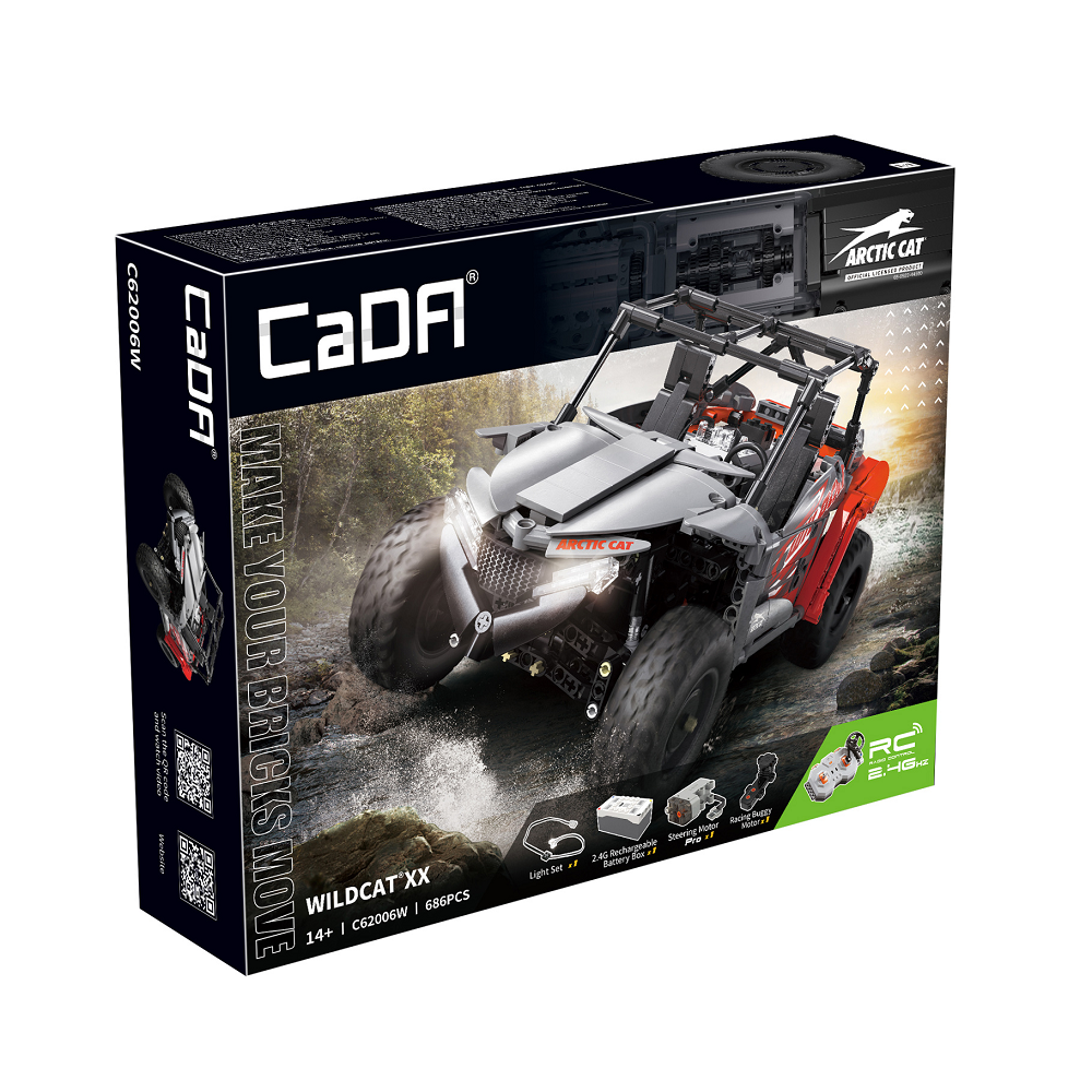 This Cada bricks Arctic Cat Wildcat XX- FD3S has 686 pieces and comes with a power pack so you can make your bricks move. Features off road racing suspension, oversized fenders and air intakes for a fun building experience