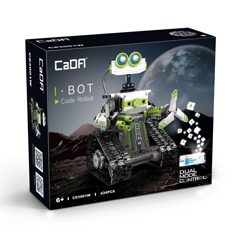 Packaging box with image of the lego style green and white robot on the front.  This Cada bricks Bot Code Robot Lego compatible building bricks kit enables you to build your own robot that you can programme and control. The remote control has a distance of more than 25m and the moving head has LED lights meaning there is a lot of scope for fun. 